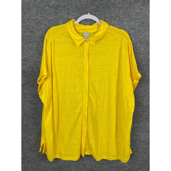 Chico's Tops - Chico's Linen Button Up Shirt Womens 4 XXL Yellow Excellent Short Sleeve Blouse